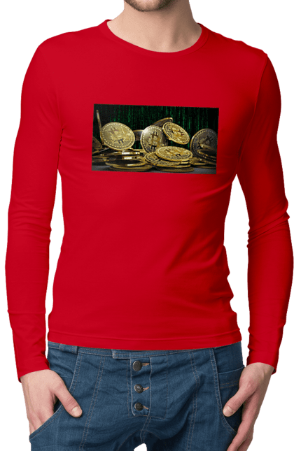 Men`s longsleeve with prints Bitcoin. Bitcoin, coin, cryptocurrency, currency, digital world, luxury, matrix, mining, money, wealth, well. 2070702
