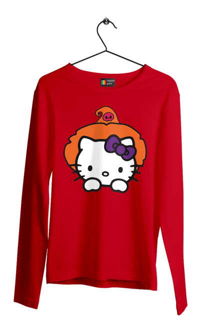 Мужской лонгслив с принтом Хелло Китти Хэллоуин. Halloween, hello kitty, witch, бренд, ведьма, кот, котенок, персонаж, хелло китти, хэллоуин. 2070702