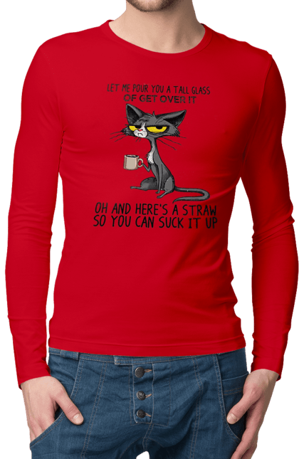 Men`s longsleeve with prints How to survive it?. Cat and mug, drink, everything is fine, go fuck yourself, large glass, meditation, pour, suck. 2070702