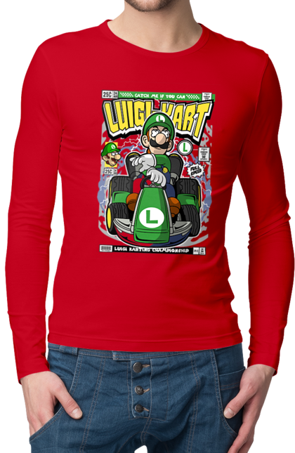 Чоловічій лонгслів з принтом "Luigi Karting". Nintendo, playstaion, автомобіль, гра, зелений маріо, луїджі, маріо. Funkotee