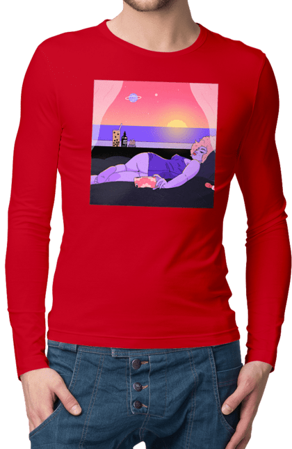 Чоловічий лонгслів з принтом "Фіолетова Дівчина На Відпочинку". Дівчина, захід, телефон. 2070702