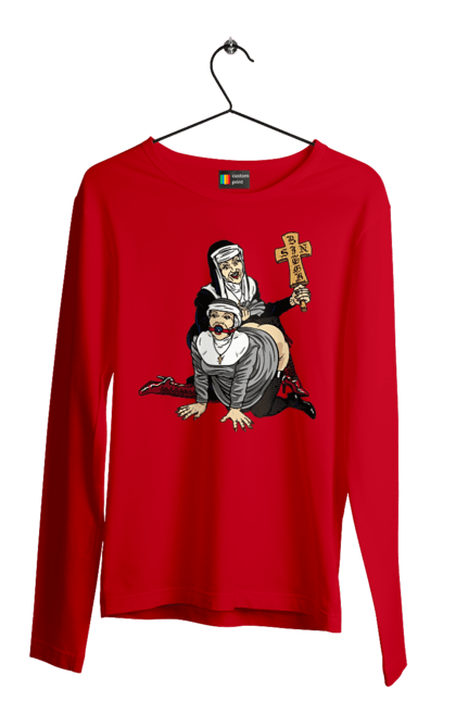 Чоловічий лонгслів з принтом "Монашки БДСМ". Бдсм, крута, модна, молодіжна, плескає по дупі, рок, рольові ігри, черниці бдсм, черницю, черниця. 2070702