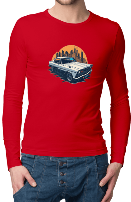 Чоловічий лонгслів з принтом "Вінтажне зображення авто". Автомобіль, вінтажне зображення, місто. 2070702