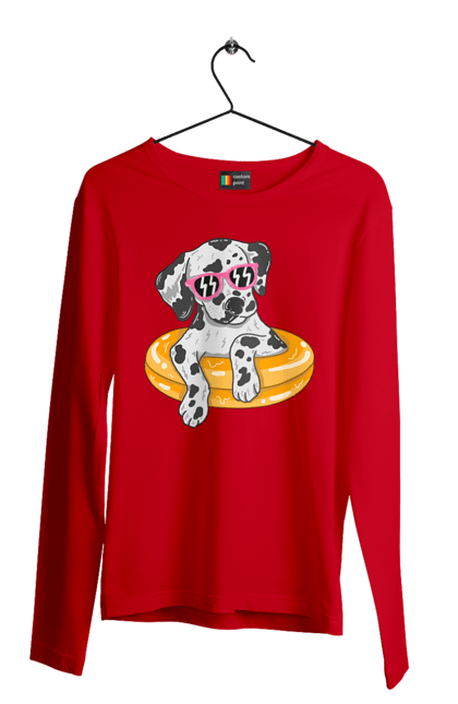 Чоловічий лонгслів з принтом "Далматинець Плаває У Колі". Далматинець, окуляри, плавати, собака. 2070702