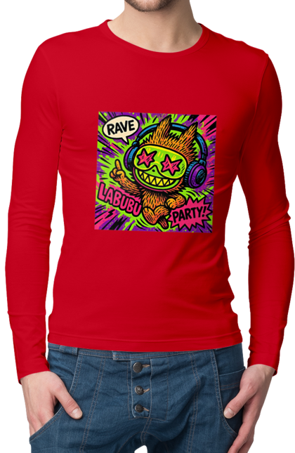 Чоловічий лонгслів з принтом "Лабубу". Вечірка, вуличне мистецтво, графіті, зоряніочі, коміксстиль, лабубу, навушники, неон, попарт, рейв. 2070702