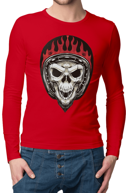 Men`s longsleeve with prints Skull in a motorcycle helmet. Helmet, moto, skeleton, skull. 2070702