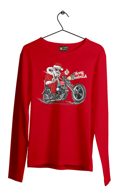 Men`s longsleeve with prints Santa in glasses on a motorcycle. Biker, christmas, merry christmas, motorcycle, new year, santa, santa claus, snow, winter. 2070702