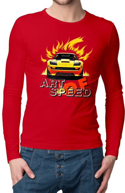 Чоловічий лонгслів з принтом "Машина у вогні". Автомобіль, вогонь, спортивна машина, спортивний автомобіль, швидкість. 2070702
