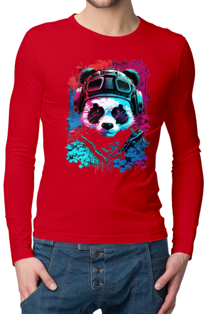 Мужской лонгслив с принтом Панда в VR шлеме. Виртуальная реальность, гик, панда, персонаж, шлем. 2070702