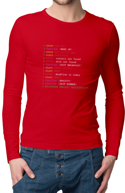 Чоловічій лонгслів з принтом "Життя програміста". Angular, c, css, html, it, javascript, jquery, php, python, react, svelt, vue, айтишник, айті, гумор, код, кодувати, прогер, програміст, програмісти, ти ж, ти ж програміст, тиж програміст. KRUTO.  Магазин популярних футболок