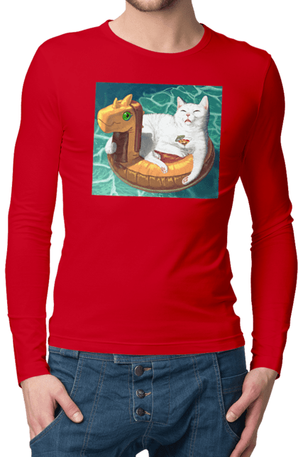 Чоловічий лонгслів з принтом "Білий кіт у плавальному колі, на відпочинку". Басейн, відпочинок, кіт, коктейль, море, плавальний круг. 2070702