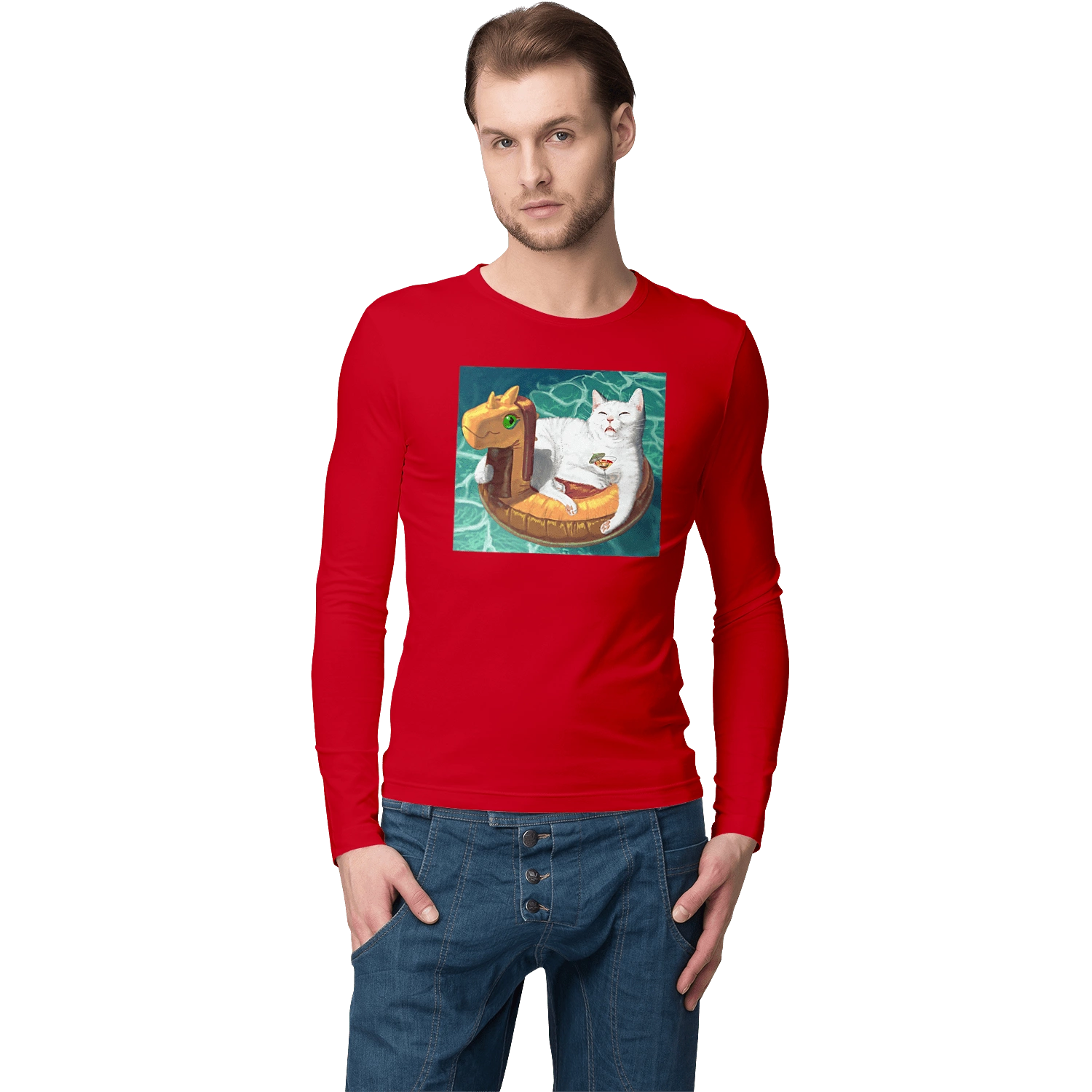 White cat in a swimming circle on vacation