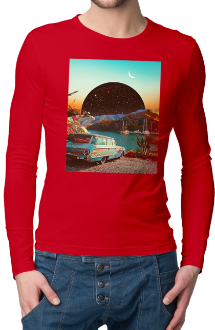 Men`s longsleeve with prints Painting, car by the river. Joke, machine, picture, planet, retro, river. 2070702