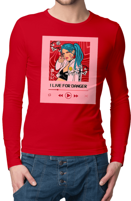 Men`s longsleeve with prints I Live For Danger. Anime, music, pistol, turntable. 2070702