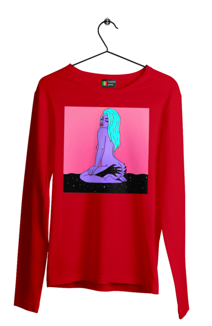 Чоловічий лонгслів з принтом "Фіолетова Дівчина В Руках". Дівчина, інопланетянка, сидить. 2070702