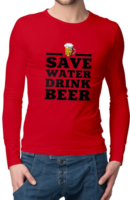 Чоловічий лонгслів з принтом "Бережи воду, пий пиво (чорна)". 18+, алкоголь, бар, гумор, любителям писа, меми, пиво, приколи, текст, чоловікам. 2070702