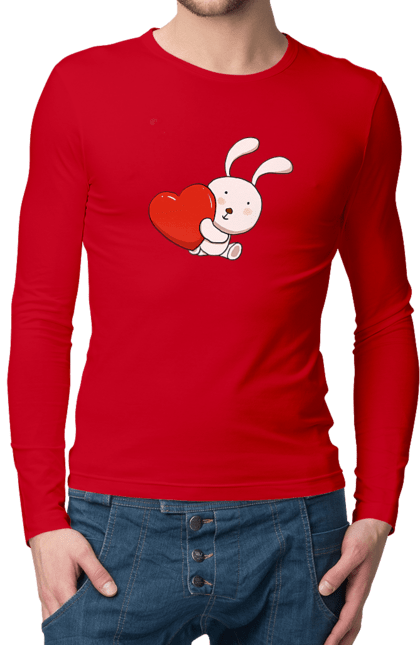 Чоловічій лонгслів з принтом "Зайчик із серцем". День святого валентина, заєць, зайчик, любов, парні футболки, почуття, серце. futbolka.stylus.ua