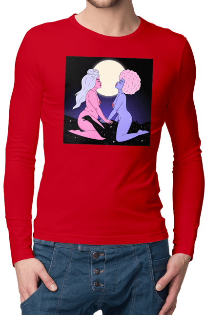 Чоловічий лонгслів з принтом "Дві Інопланетянки І Місяць". Дівчата, зверху, інопланетянки. 2070702