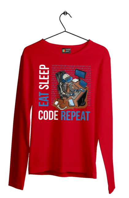 Мужской лонгслив с принтом Ешь Cпи Кодь Повторяй. Айти, айтишник, для айтишника, для программиста, ешь cпи, кодь повторяй, подарок айтишнику, подарок программисту, программист, разработчик. 2070702