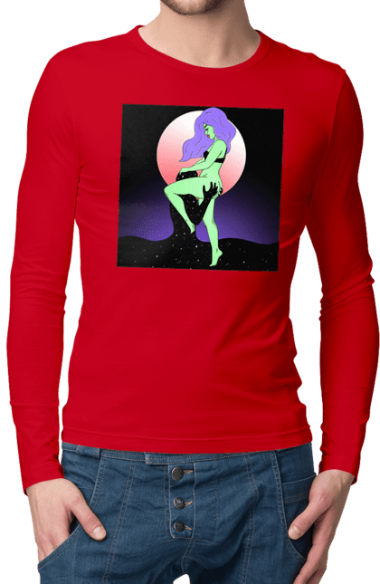 Чоловічий лонгслів з принтом "Зелена Дівчина І Місяць". Інопланетянка, місяць. 2070702