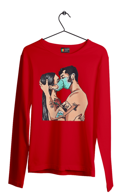 Мужской лонгслив с принтом Коронавирусная Любовь. Карантин, коронавирус, любовь, маска, поцелуй. 2070702