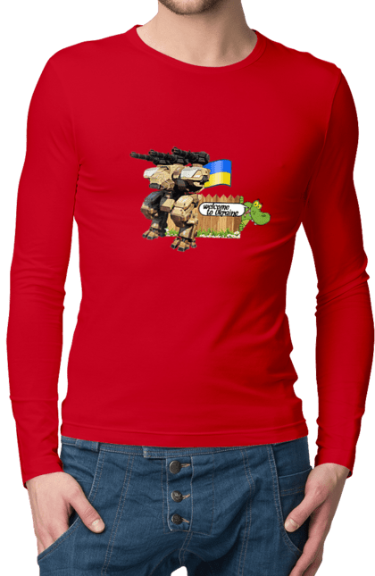 Men`s longsleeve with prints Ukraine welcomes you. Combat vehicle, crocodile, flag, machine guns, robot, symbolics, ukraine. 2070702