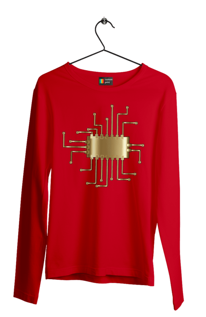 Мужской лонгслив с принтом Золотой Чип. Айти, айтишник, гик, золото, золотой, инженер, кибернетика, код, комп, компьютер, кристалл, микросхема, программист, профессия, разработчик, чип. 2070702