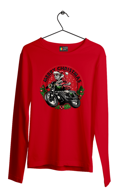 Men`s longsleeve with prints Merry Christmas, Santa Claus on a motorcycle. 2022, christmas, motorcycle, new year, presents, santa, santa claus, snow, winter. 2070702