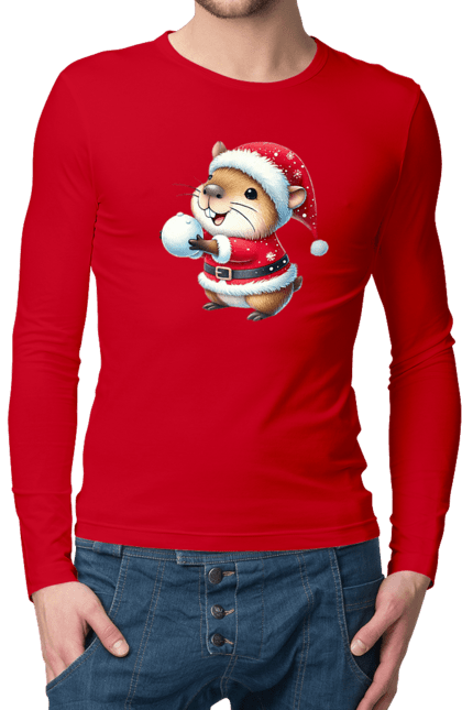 Men's longsleeve with prints Capybara playing snowballs. Animal, capybara, christmas, christmas capybara, game, gift, holiday, new year, santa, snowballs. 2070702