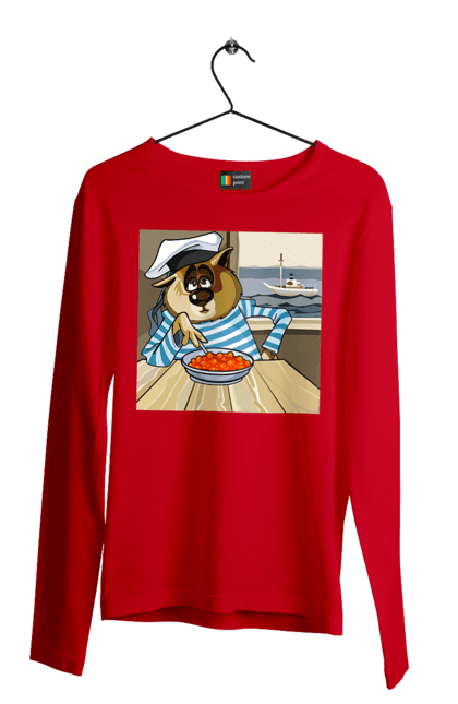 Men`s longsleeve with prints Cat Sailor, On The Ship Eats Red Caviar. Cat, caviar, sailor, ship. 2070702