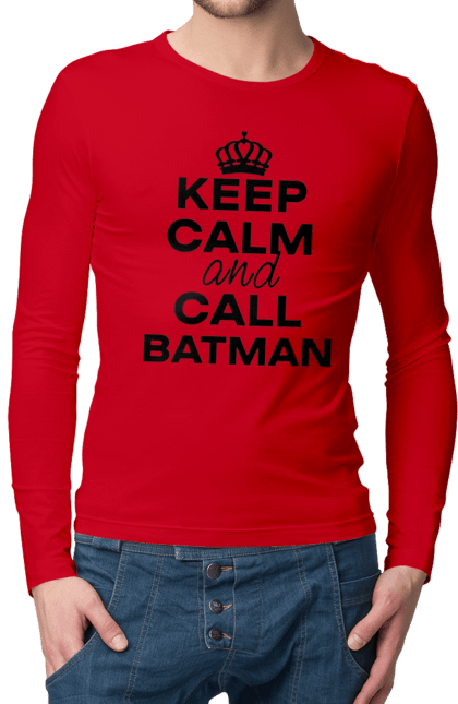 Чоловічий лонгслів з принтом "Keep Calm and Call Batman чорна". Бетмен, з написами, зберігай спокій, меми, популярні, прикольні. 2070702