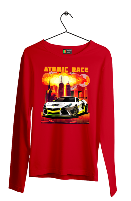 Чоловічий лонгслів з принтом "Атомна гонка". Авто, автомобіль, атомні перегони, гонки, гоночні машини, спортивна машина, спорткар. 2070702