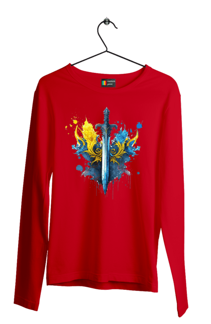 Чоловічий лонгслів з принтом "Меч в українському стилі". Герб, меч, перемога, прапор, символ україни, тризуб, україна. 2070702