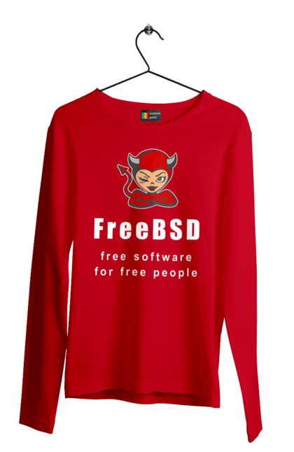 Чоловічий лонгслів з принтом "Freebsd Для Вільних". Bsd, freebsd, unix, адміністратор, айті, айтішник, безкоштовна, безкоштовно, бестія, білий, вільна, демон, демонесса, доступність, незалежність, операційна система, ос, програміст, програмне забезпечення, свобода, сисадмін, система, системний адміністратор, софт, текст, червоний. 2070702