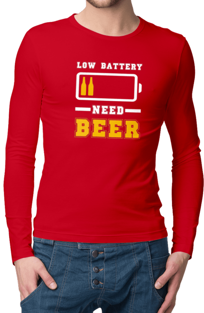 Чоловічий лонгслів з принтом "Low battery need beer". Алкоголь, брутальні, літні, пиво, прикольні принти, чоловічі. 2070702