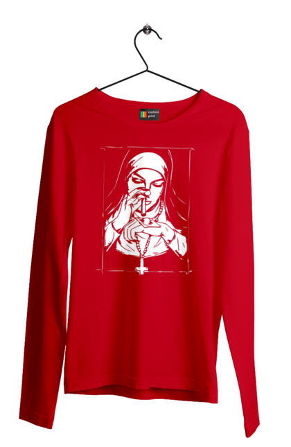 Чоловічий лонгслів з принтом "Монашка нюхає порошок". Крута, метал, модна, молодіжна, популярна, рок, хрест, черниця, черниця нюхає порошок. 2070702