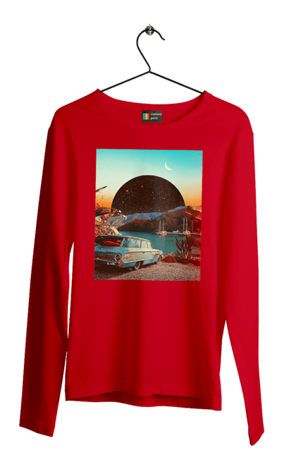 Men`s longsleeve with prints Painting, car by the river. Joke, machine, picture, planet, retro, river. 2070702