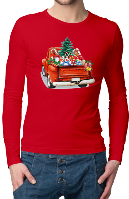Чоловічий лонгслів з принтом "Авто з подарунками". Автомобіль, новий рік, подарунки, різдво, санта, ялинка. 2070702