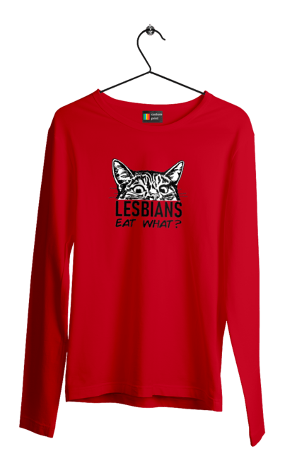 Мужской лонгслив с принтом Lesbians eat what?. Funny inscriptions, humor, jokes, kittens, lesbians, lgbt, котики, лгбт, лесбиянки, приколы, смешные надписи, юмор. 2070702