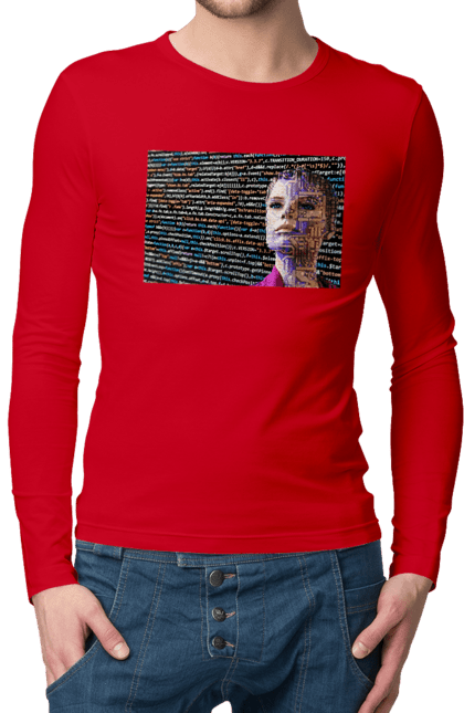 Мужской лонгслив с принтом Искусственный Интеллект. Айти, айтишник, гик, женщина, знание, инженер, интеллект, искусственный интеллект, искусственный разум, кибер, кибернетика, киборг, код, комп, компьютер, компьютерщик, кристалл, машинное обучение, микросхема, мозг, портрет, программист, профессионал, профессия, разработчик, разум, свет, светящийся, ум, хакер, чип. 2070702