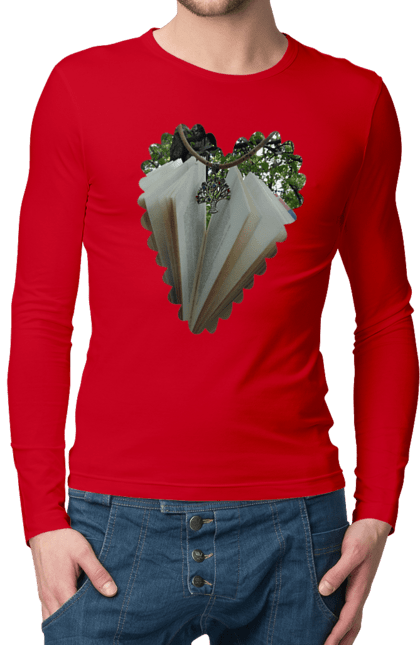 Чоловічий лонгслів з принтом "Книжкова валентинка". Дерево, книги, книжки, любов, прикраса, природа, серце, форма серця, читання. 2070702