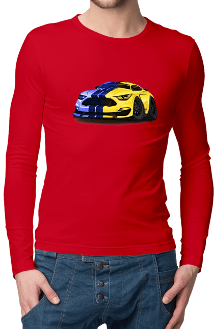 Чоловічий лонгслів з принтом "Український мустанг". Жовто блакитне авто, кольори україни, машина, мустанг, суперкар, форд мустанг, шелбі. 2070702