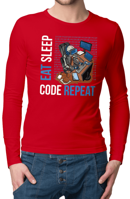 Мужской лонгслив с принтом Ешь Cпи Кодь Повторяй. Айти, айтишник, для айтишника, для программиста, ешь cпи, кодь повторяй, подарок айтишнику, подарок программисту, программист, разработчик. 2070702