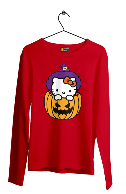 Чоловічій лонгслів з принтом "Хелло Кітті Хелловін". Halloween, hello kitty, witch, бренд, відьма, кіт, кошеня, персонаж, хелло кітті, хелловін. 2070702