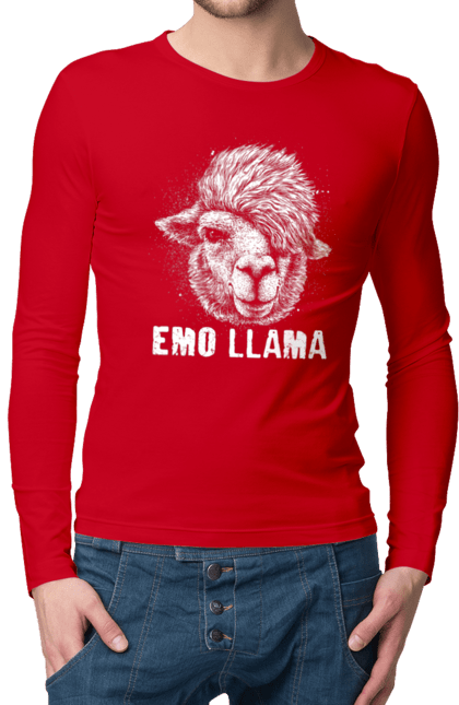 Чоловічій лонгслів з принтом "Емо Лама". Alpaca, animals, distressed, emo, funny, llama, vintage, емо, лама. 2070702