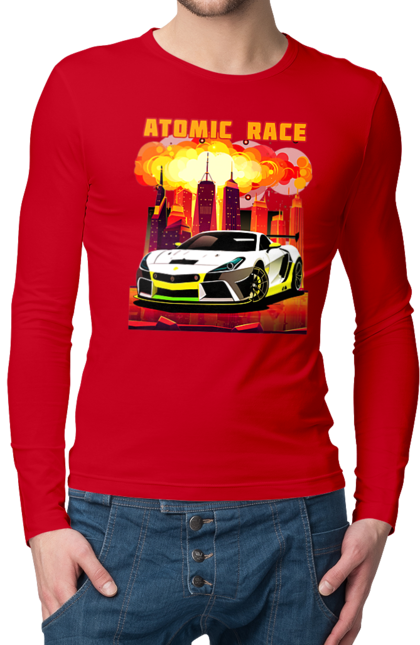 Чоловічий лонгслів з принтом "Атомна гонка". Авто, автомобіль, атомні перегони, гонки, гоночні машини, спортивна машина, спорткар. 2070702