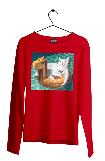 Чоловічий лонгслів з принтом "Білий кіт у плавальному колі, на відпочинку". Басейн, відпочинок, кіт, коктейль, море, плавальний круг. 2070702