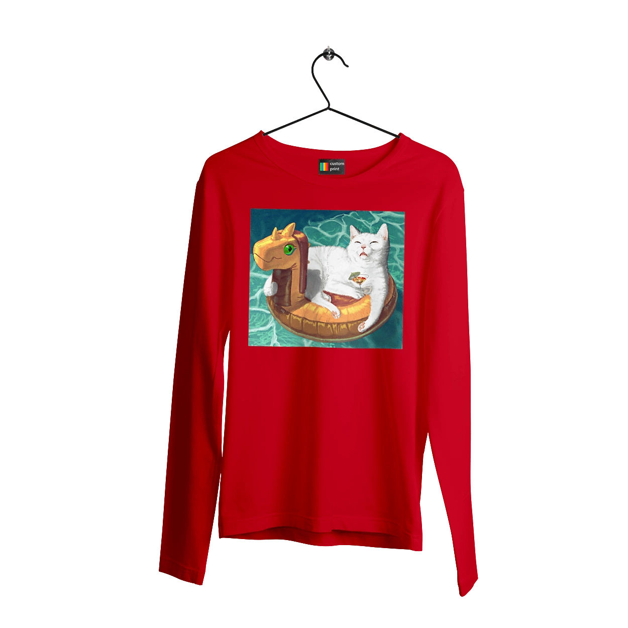 White cat in a swimming circle on vacation