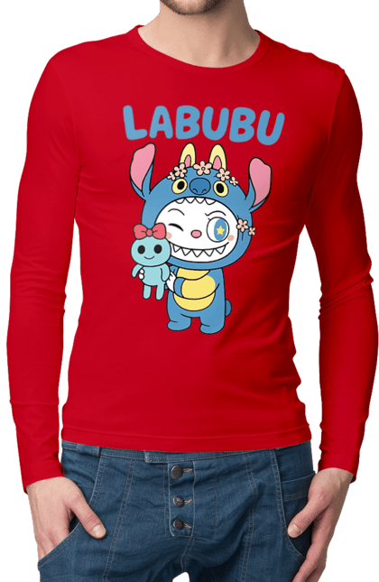 Чоловічий лонгслів з принтом "Лабубу". Іграшка лабубу, лабубу, лабубу кока кола, мерч лабубу, мила, синя лабаба, смішна лабубу. 2070702