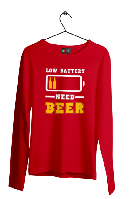 Чоловічий лонгслів з принтом "Low battery need beer". Алкоголь, брутальні, літні, пиво, прикольні принти, чоловічі. 2070702